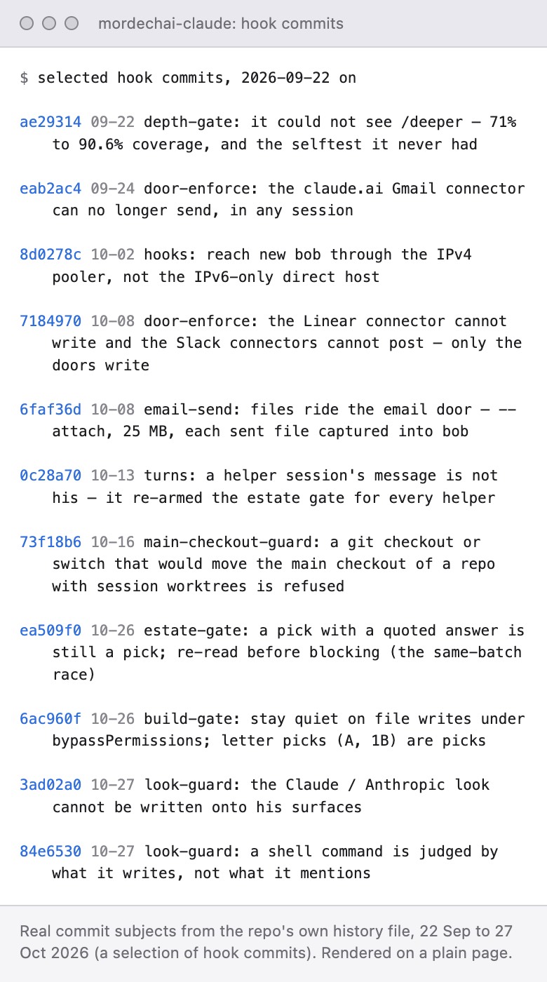 A terminal view of eleven commit subjects from the plugin, 22 September to 27 October: depth, door, estate, build and look guards.
