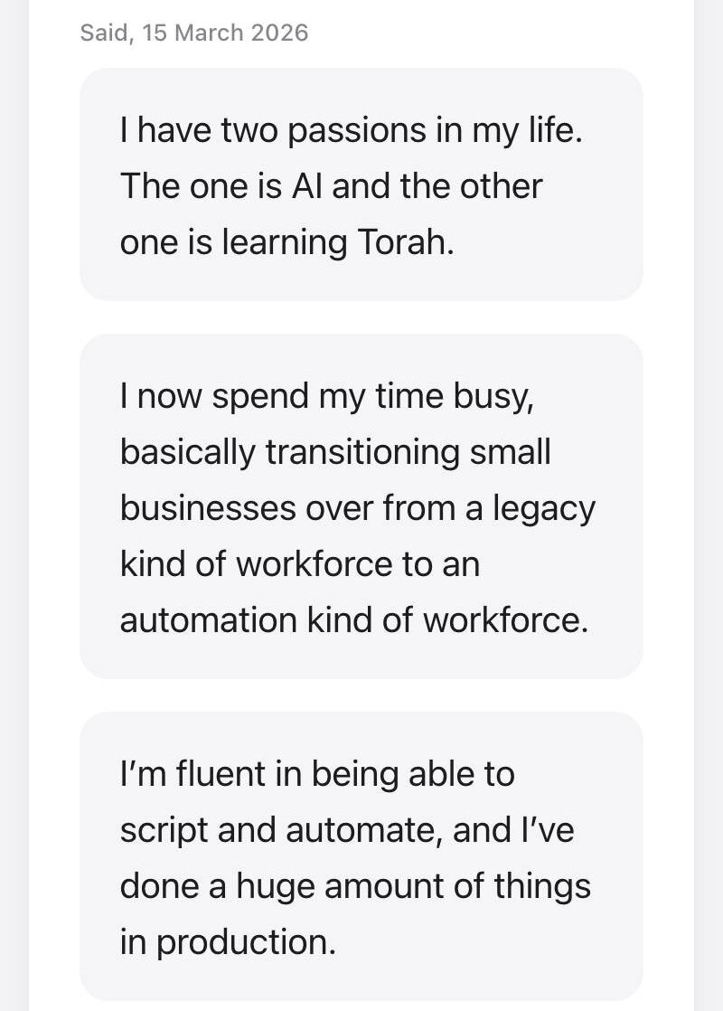 The first /hello on a phone, below its heading: three of his sentences, each in a grey box.