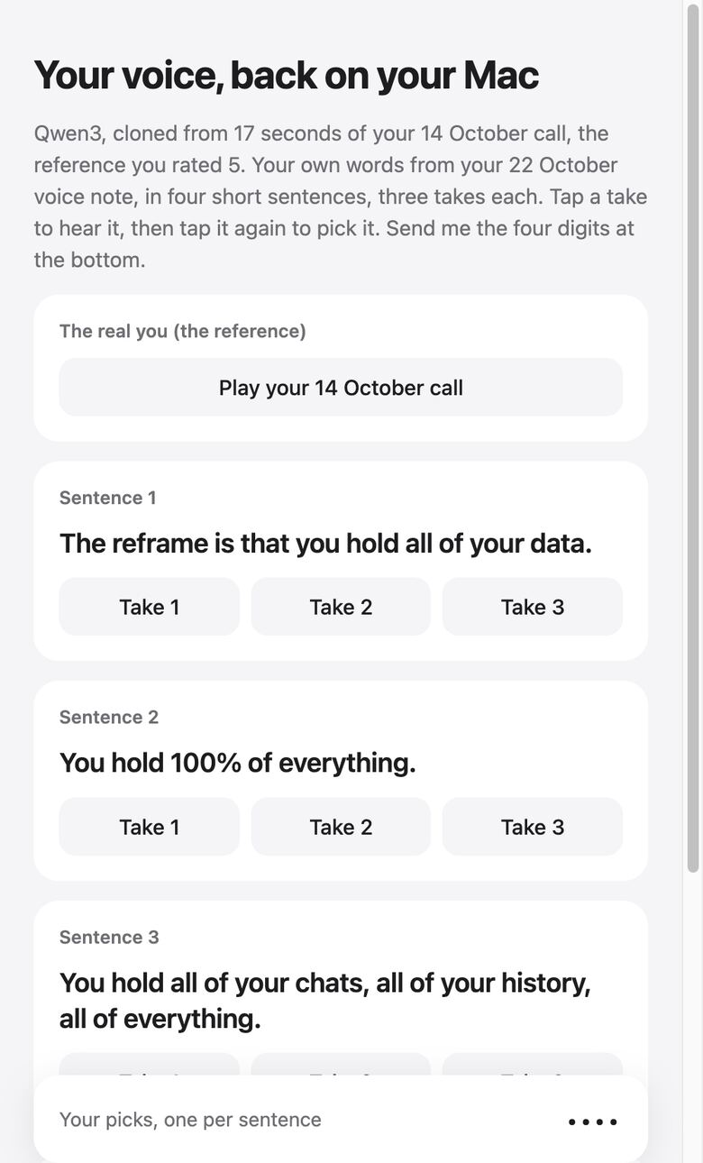A phone screen titled Your voice, back on your Mac, with sentence cards, each with buttons Take 1, Take 2 and Take 3, and a bar reading Your picks, one per sentence.