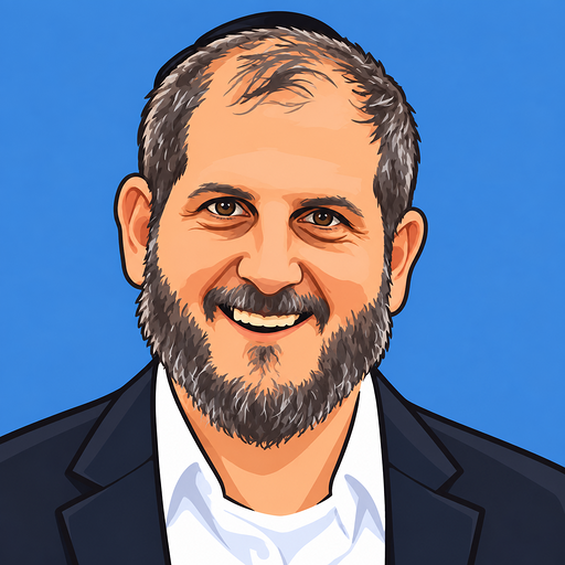 An illustrated portrait of Mordechai, smiling, on a blue background.