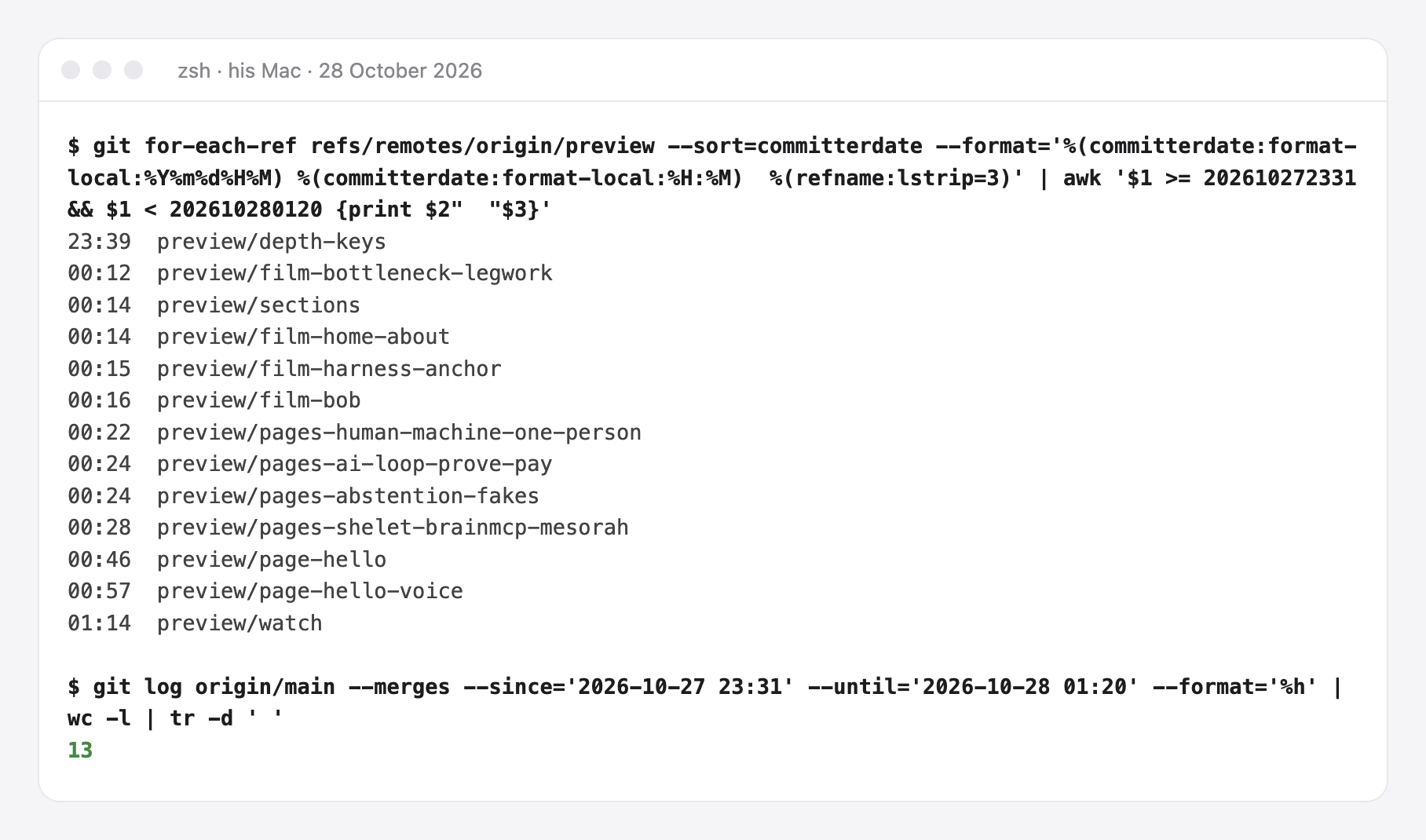 A terminal session: thirteen branches of this site with their times, from 23:39 to 01:14, and a count of thirteen merges to the live site.