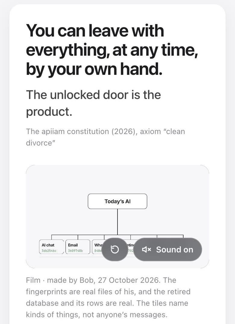 The apiiam "Hold the keys" page on a phone, with a film diagram of today’s AI above tiles for chat, email and more.