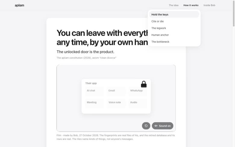The apiiam "Hold the keys" page on a desktop, with the "How it works" menu open.